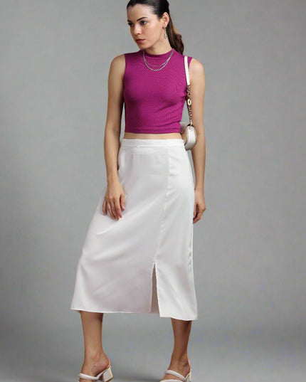 Solid White Satin Midi Skirt with Slit