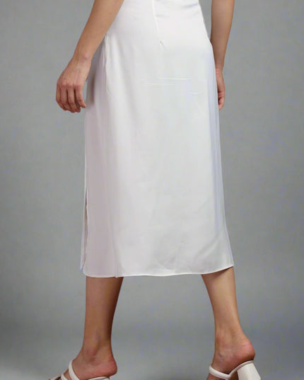 Solid White Satin Midi Skirt with Slit