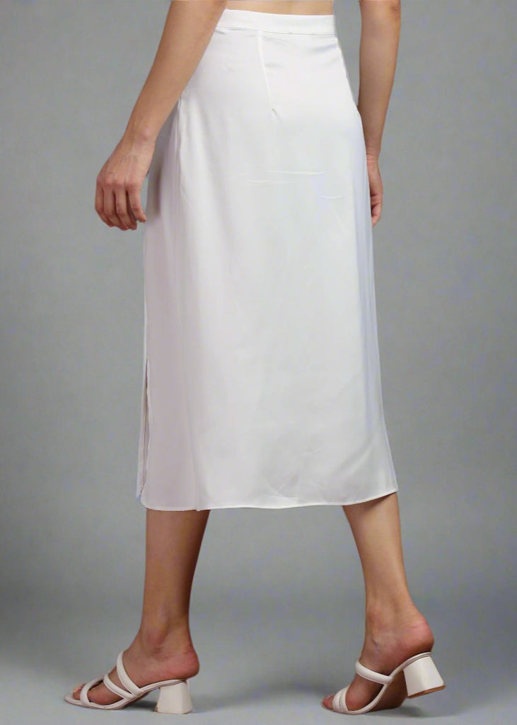 Solid White Satin Midi Skirt with Slit