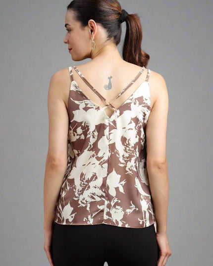 Women Printed Round Neck Polyester Brown T-Shirt