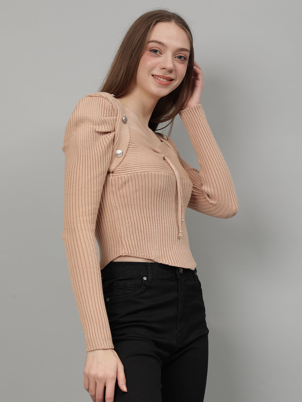 Ribbed Sweetheart Neck Acrylic Pullover Sweater