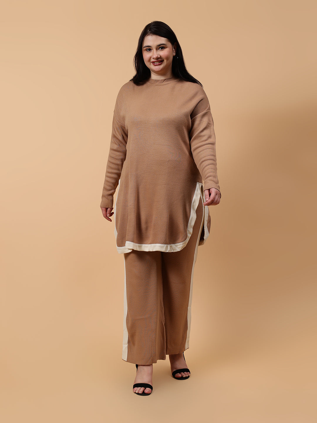 Gaiia Co-Ord Set Plus Size Knitted - Beige