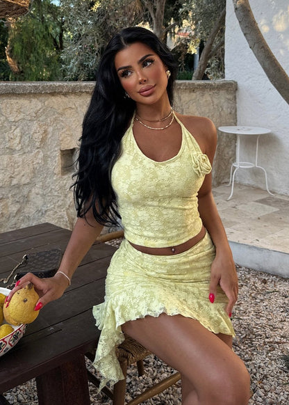 Gaiia Halter Crop Tank Tops Ruffled Hem Mini Skirt