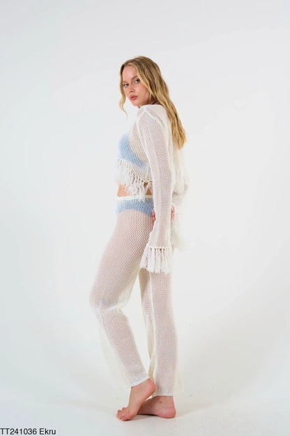 Gaiia Women'S Ecru Tasseled Net Blouse Trouser Set