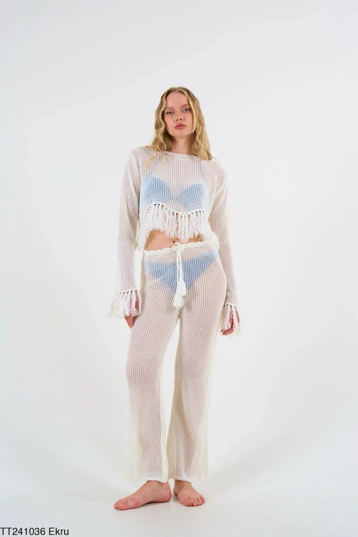 Gaiia Women'S Ecru Tasseled Net Blouse Trouser Set