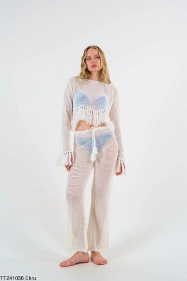 Gaiia Women'S Ecru Tasseled Net Blouse Trouser Set