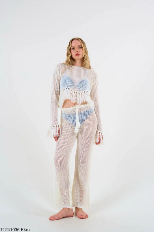 Gaiia Women'S Ecru Tasseled Net Blouse Trouser Set