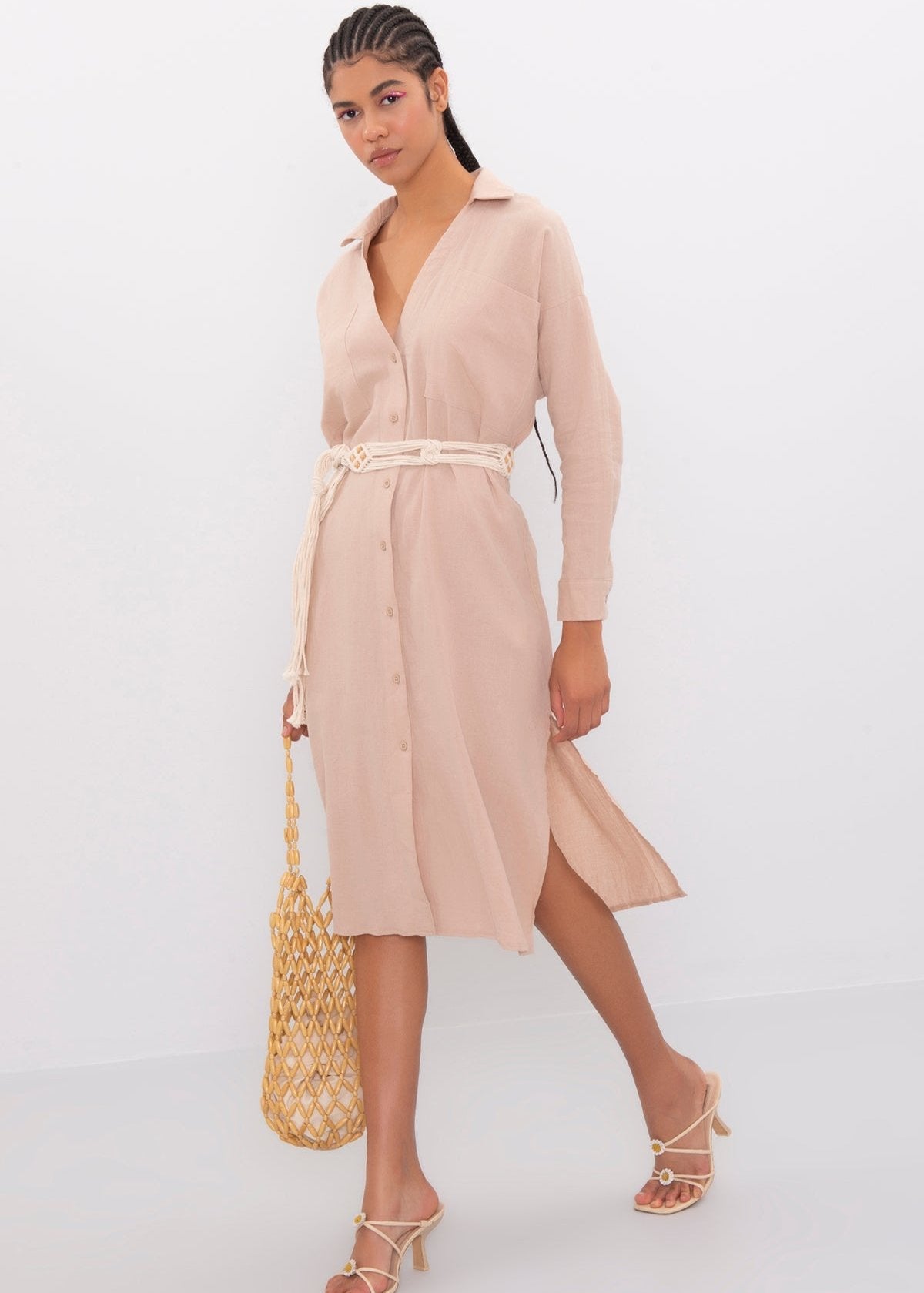 Gaiia Oversized Midi Length Shirt Dress - Beige
