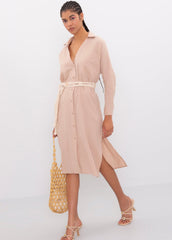Gaiia Oversized Midi Length Shirt Dress - Beige
