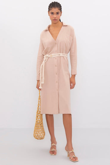 Gaiia Oversized Midi Length Shirt Dress - Beige