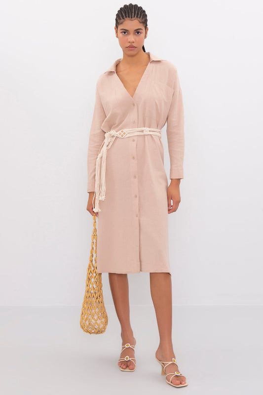 Gaiia Oversized Midi Length Shirt Dress - Beige