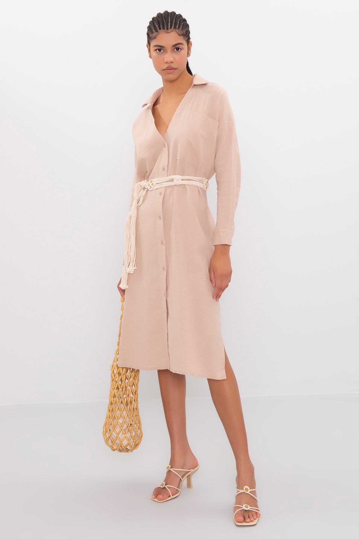 Gaiia Oversized Midi Length Shirt Dress - Beige