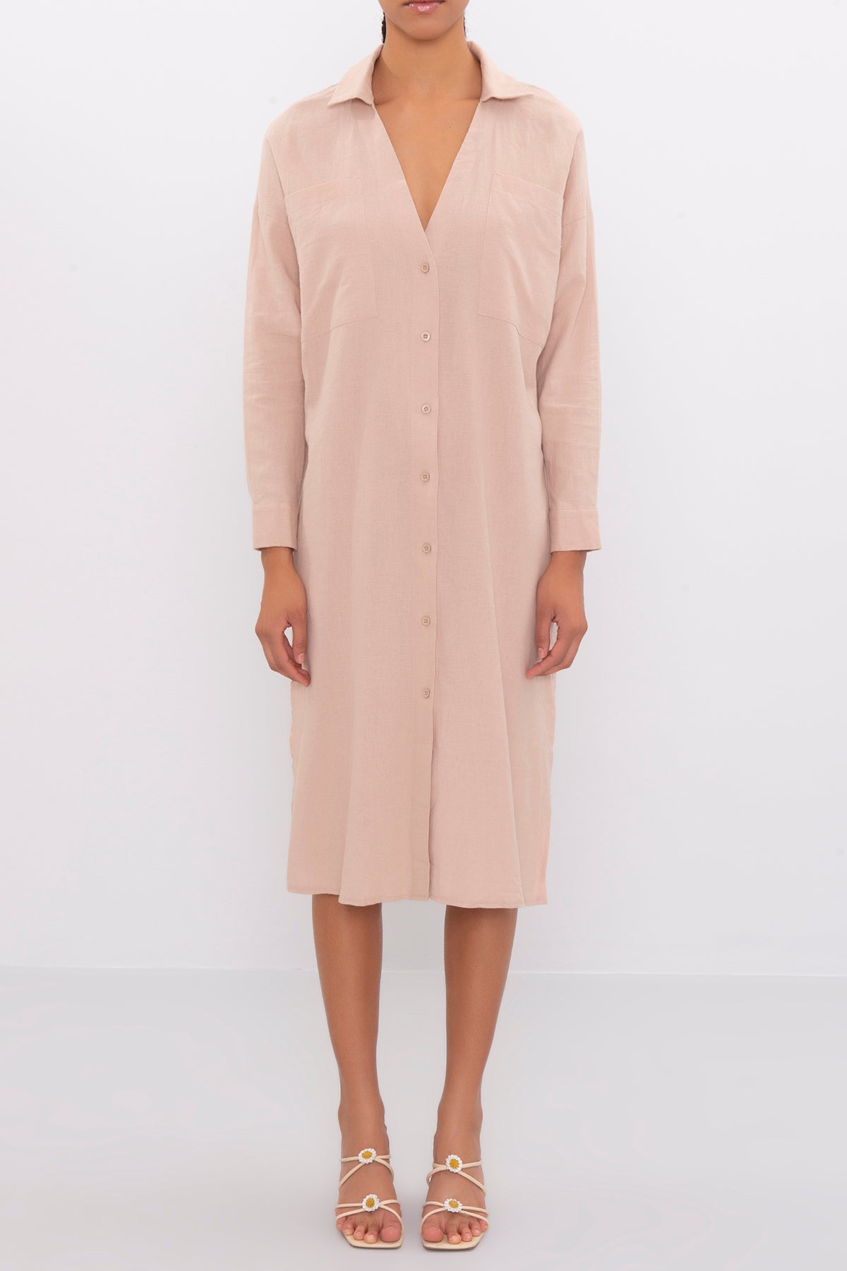 Gaiia Oversized Midi Length Shirt Dress - Beige