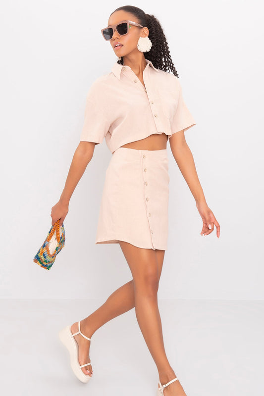 Gaiia Le Splash' Button-Up Crop Top & Skirt Set - Beige