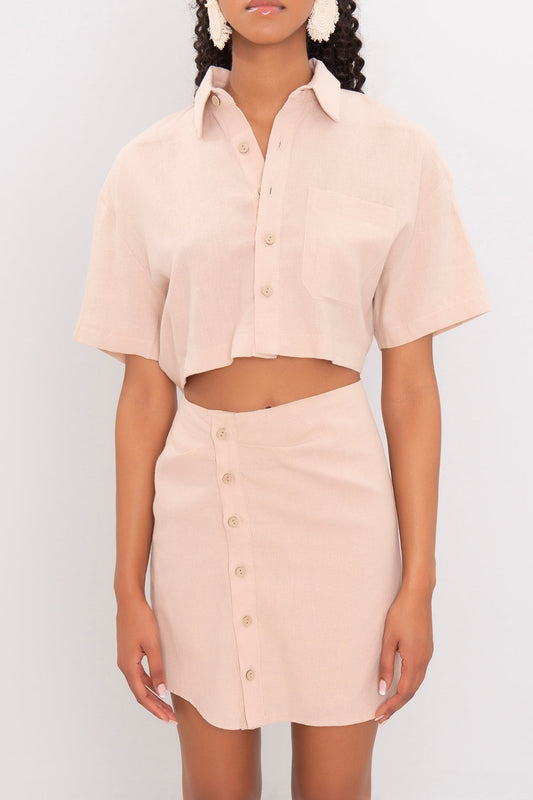 Gaiia Le Splash' Button-Up Crop Top & Skirt Set - Beige