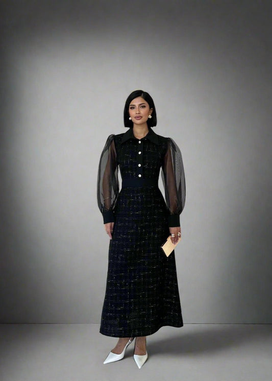 Gaiia Long Tweed Dress With Puff Sleeves - GAIIA