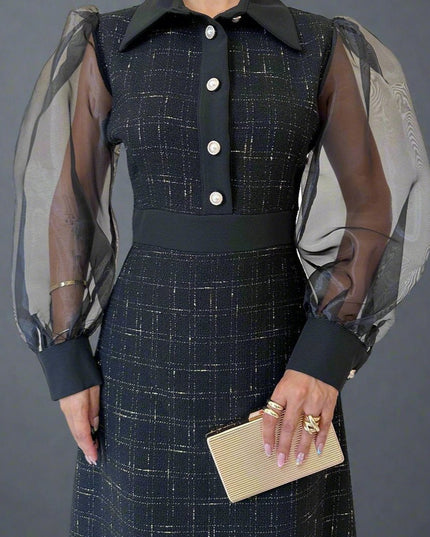 Long Tweed Dress With Puff Sleeves