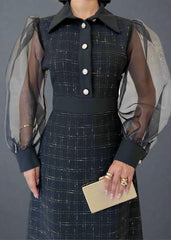 Gaiia Long Tweed Dress With Puff Sleeves