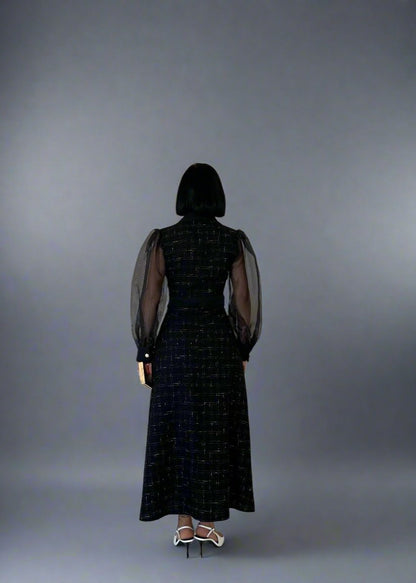 Gaiia Long Tweed Dress With Puff Sleeves