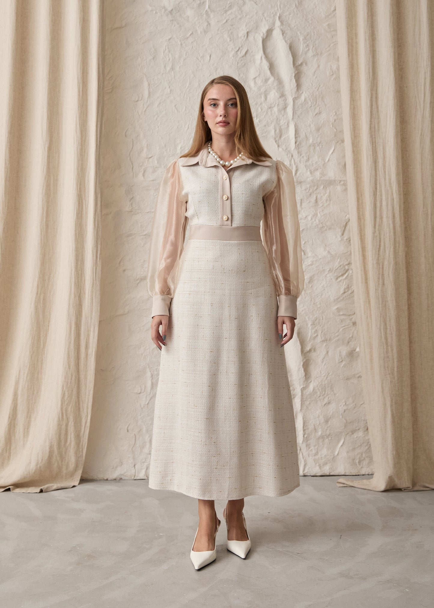 Gaiia Long Tweed Dress With Puff Sleeves