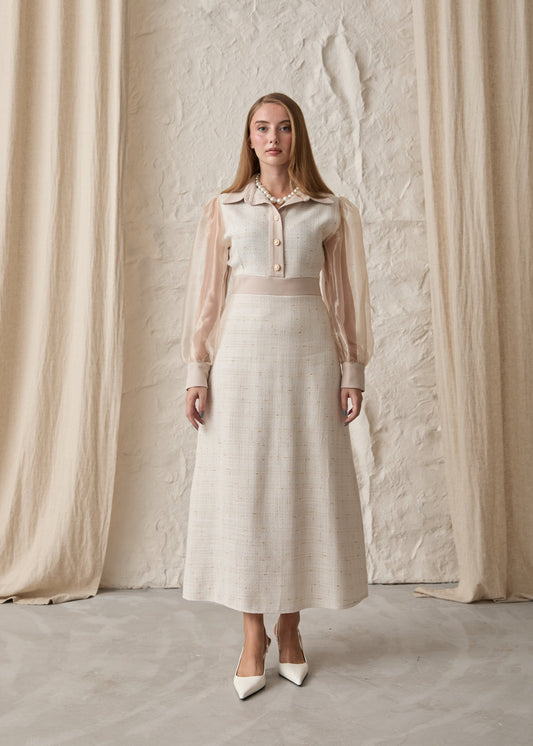 Gaiia Long Tweed Dress With Puff Sleeves