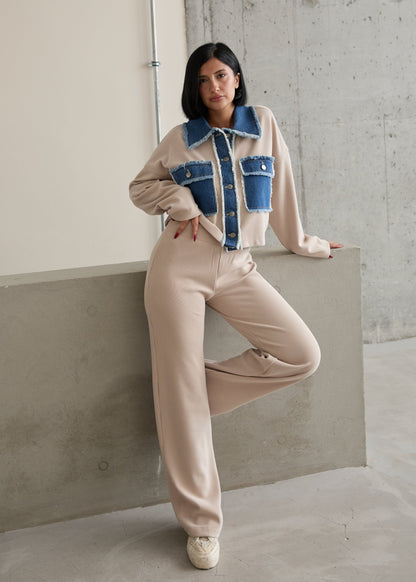 Gaiia Wide Collar Knitted Co-Ords Set - Cream