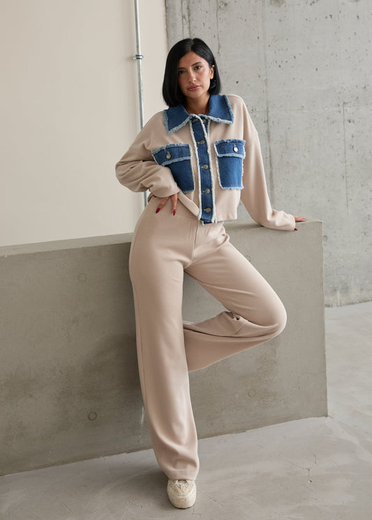 Gaiia Wide Collar Knitted Co-Ords Set - Cream