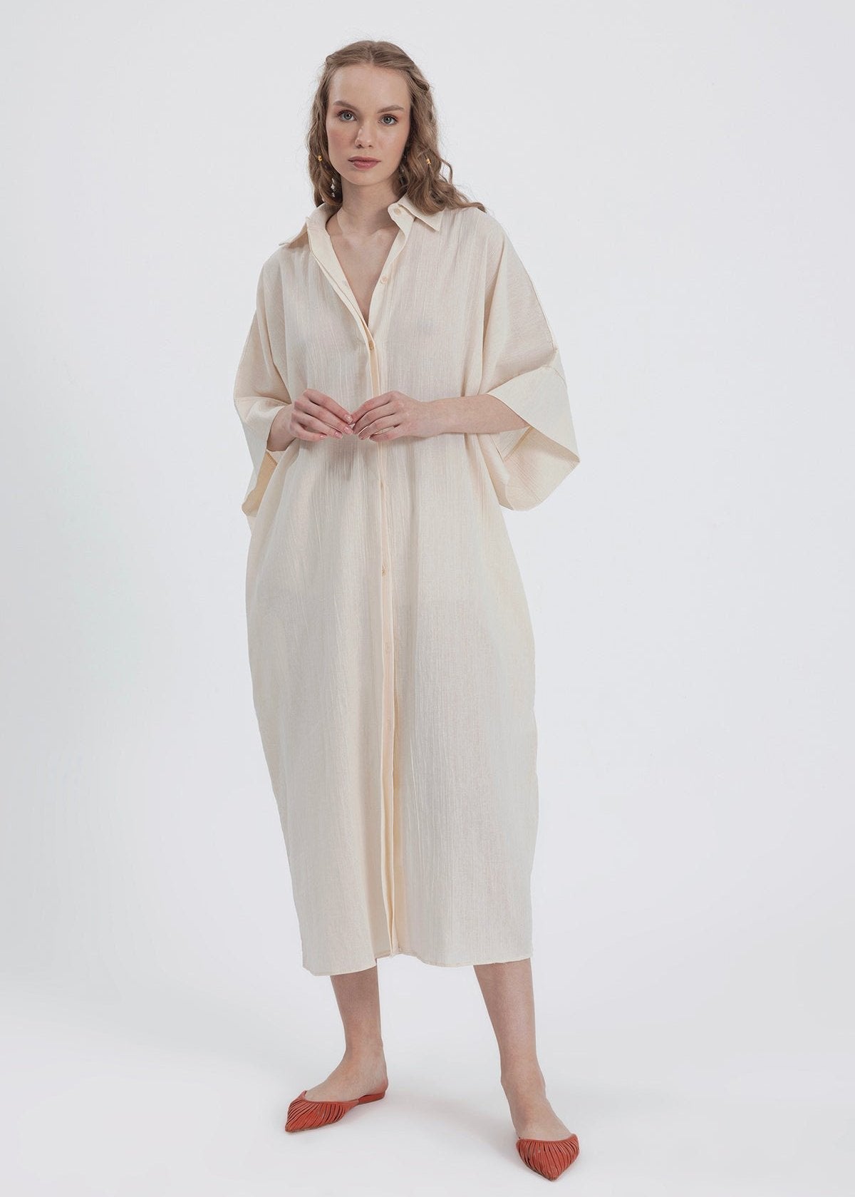 Gaiia Belted White Shirt Dress - Beige