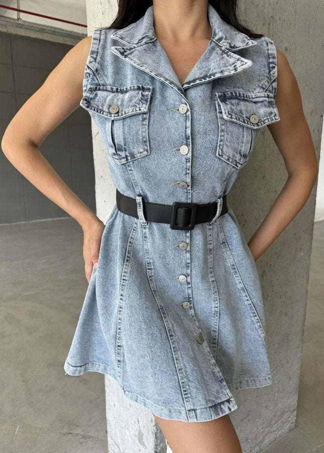 Flap Pocket Denim Dress With Belt