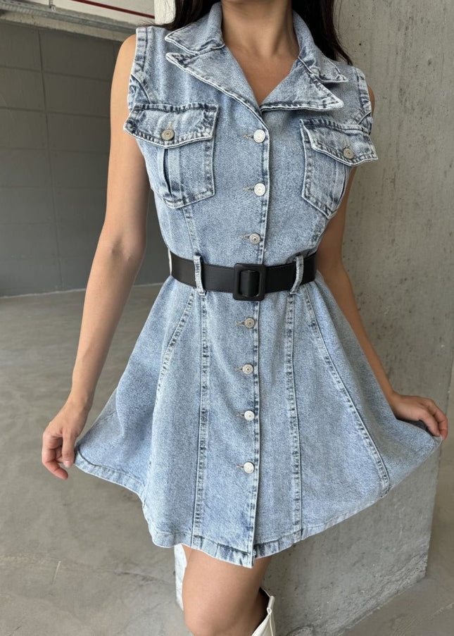 Flap Pocket Denim Dress With Belt