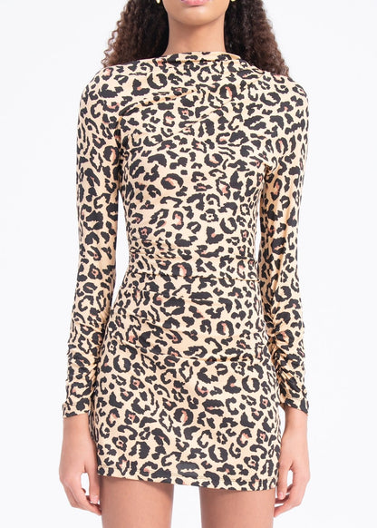 Gaiia Women Long Sleeve Mini Dress Leopard Print - Brown