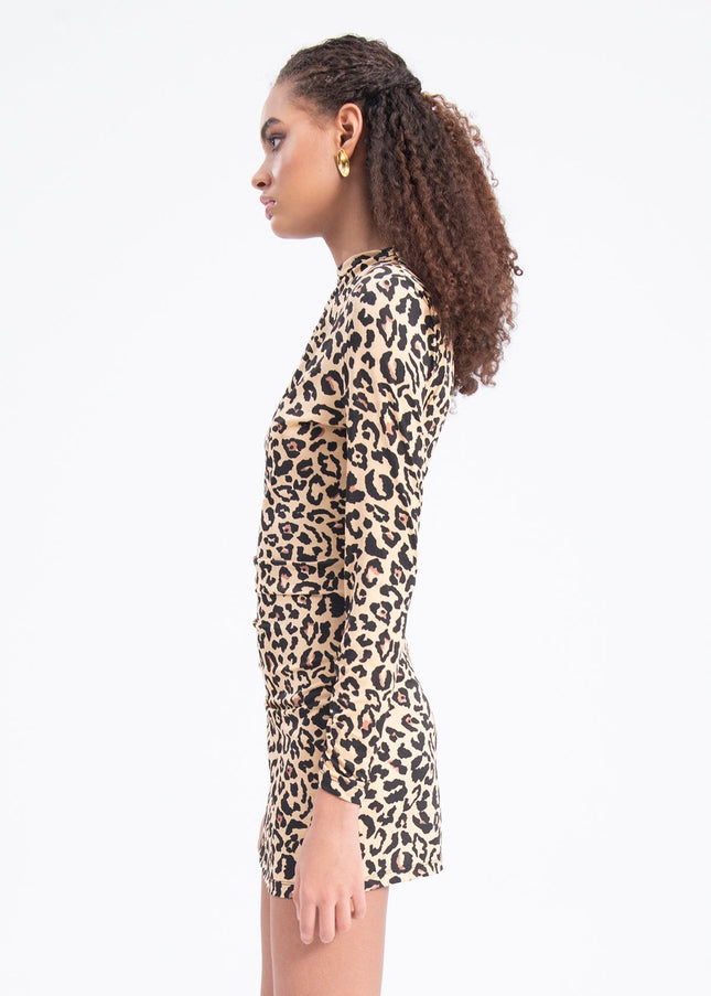 Women Long Sleeve Mini Dress Leopard Print