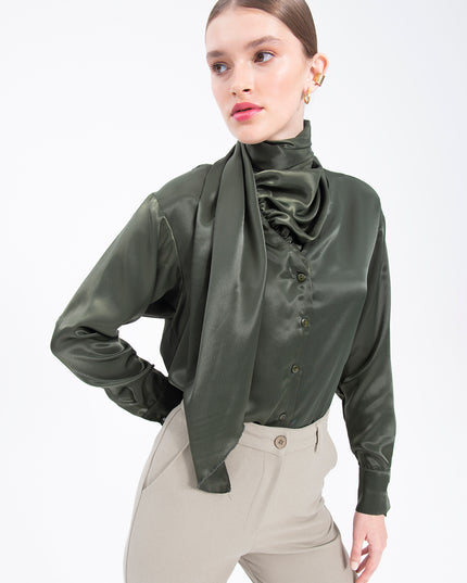 Collar Detailed Satin Shirt Tie Neck Crepe Top