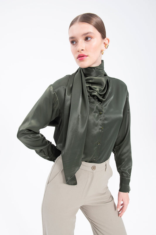 Gaiia Collar Detailed Satin Shirt Tie Neck Crepe Top - Green