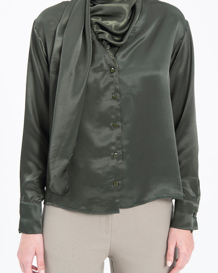 Collar Detailed Satin Shirt Tie Neck Crepe Top