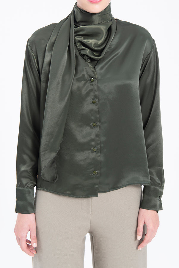 Collar Detailed Satin Shirt Tie Neck Crepe Top