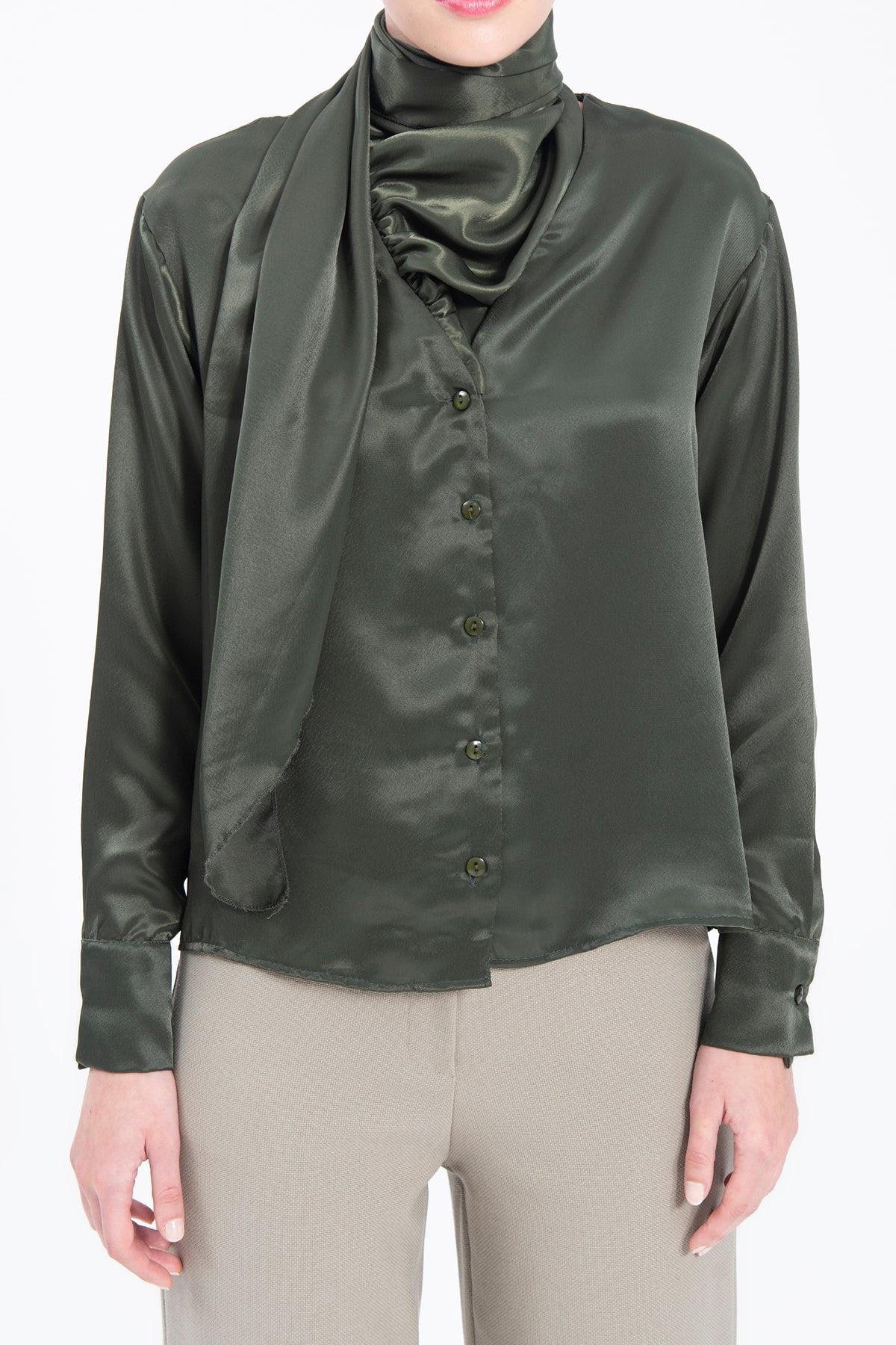 Gaiia Collar Detailed Satin Shirt Tie Neck Crepe Top - Green