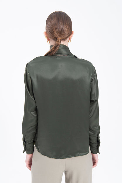 Gaiia Collar Detailed Satin Shirt Tie Neck Crepe Top - Green