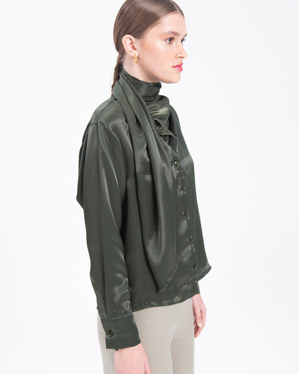 Collar Detailed Satin Shirt Tie Neck Crepe Top