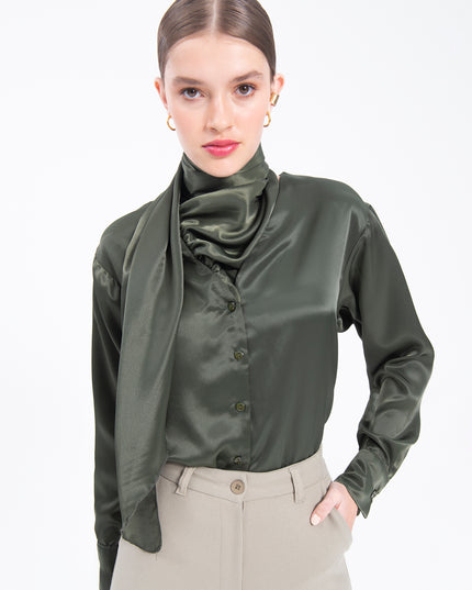 Collar Detailed Satin Shirt Tie Neck Crepe Top