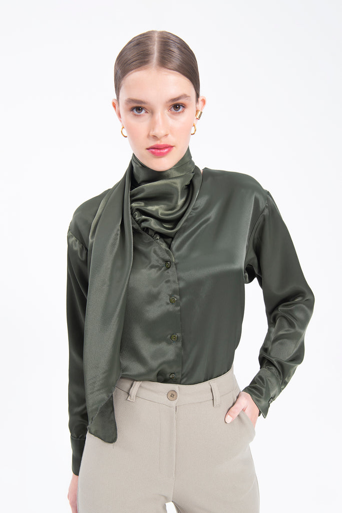 Collar Detailed Satin Shirt Tie Neck Crepe Top