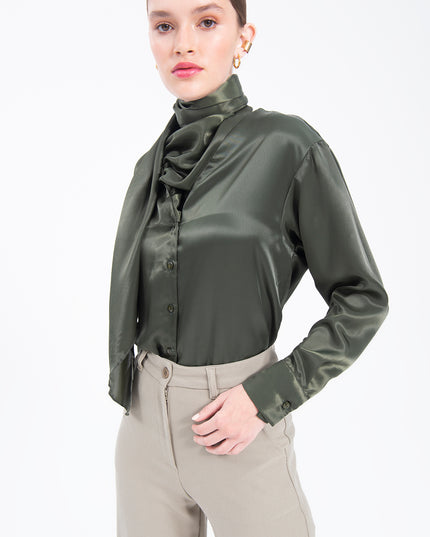 Collar Detailed Satin Shirt Tie Neck Crepe Top