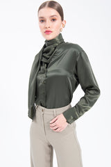 Gaiia Collar Detailed Satin Shirt Tie Neck Crepe Top - Green