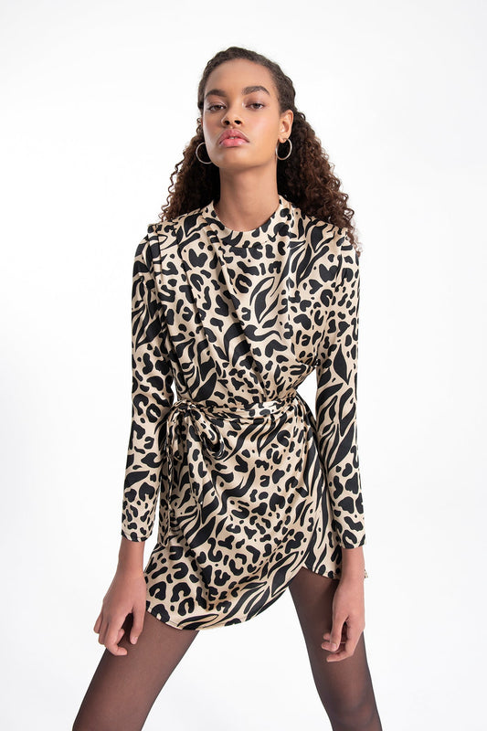 Gaiia Beige Stand Collar Leopard Mini Dress - Beige