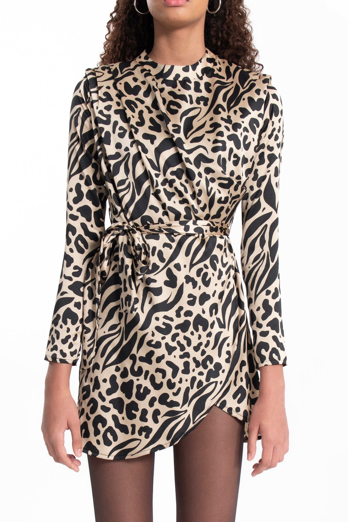 Gaiia Beige Stand Collar Leopard Mini Dress - Beige