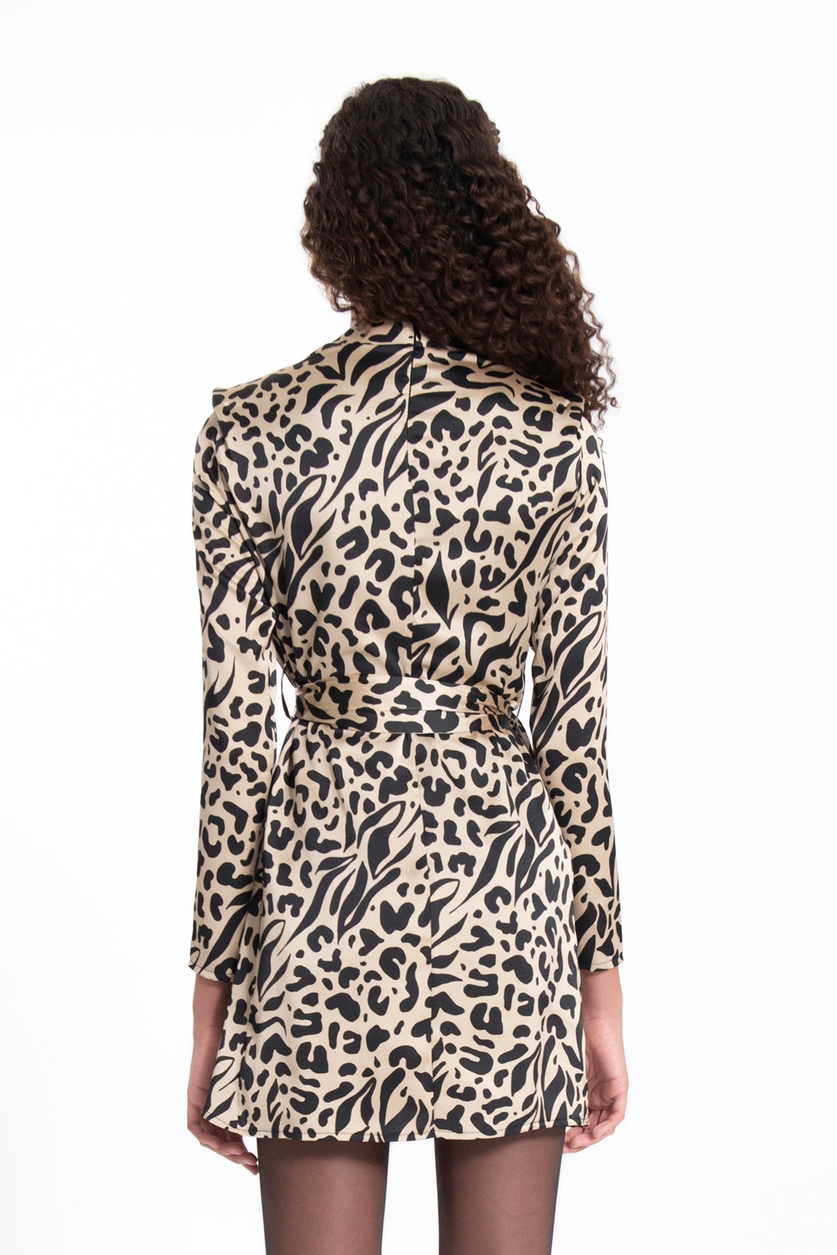 Gaiia Beige Stand Collar Leopard Mini Dress - Beige