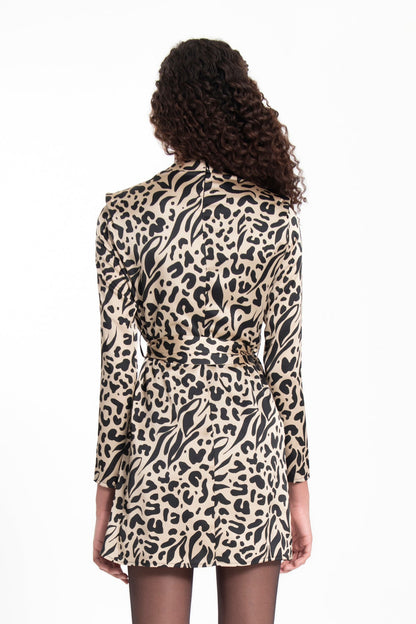 Gaiia Beige Stand Collar Leopard Mini Dress - Beige