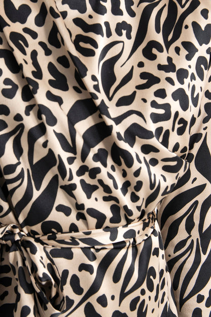 Gaiia Beige Stand Collar Leopard Mini Dress - Beige