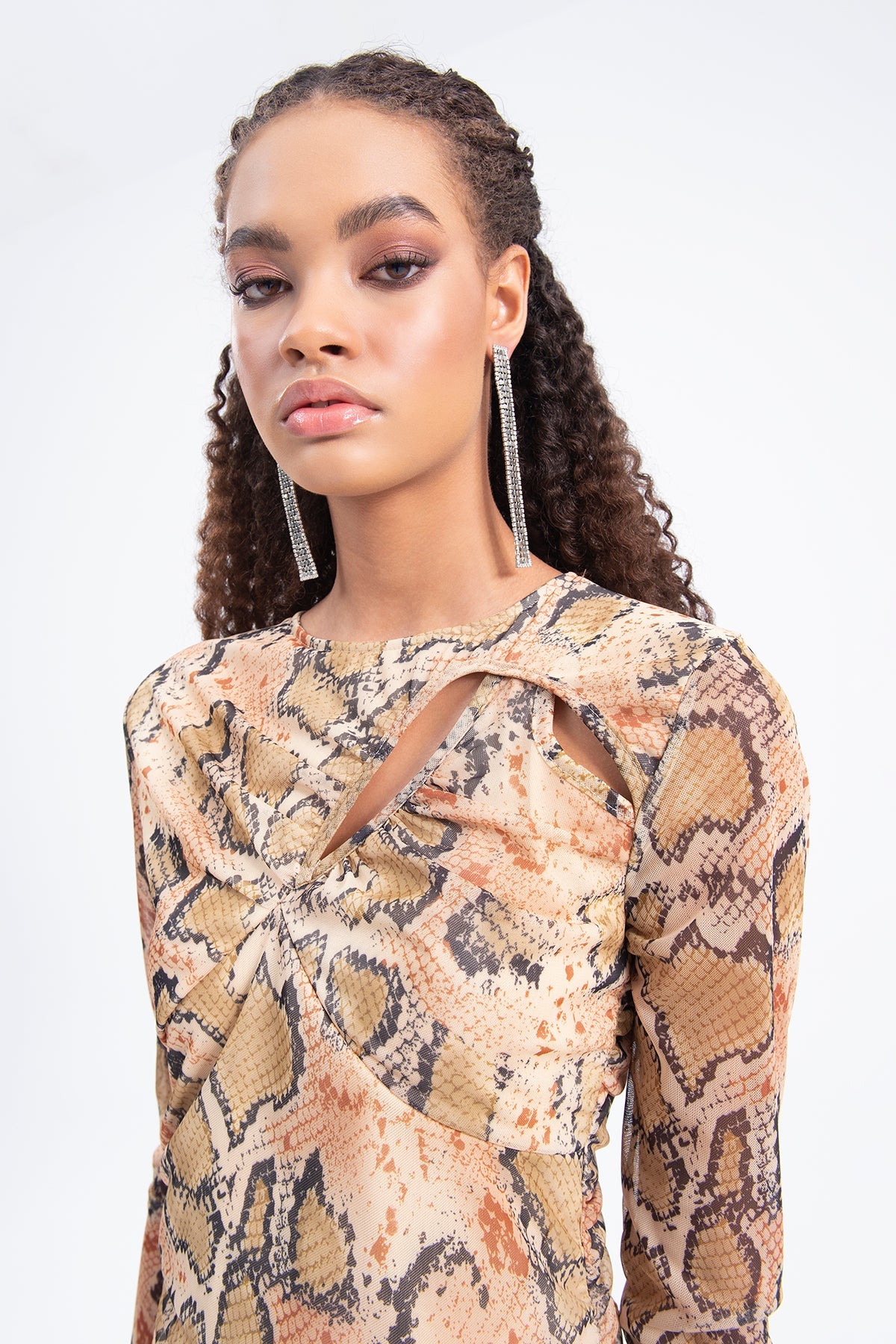 Gaiia Beige Neck Window Detailed Mini Dress - Beige