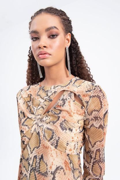 Gaiia Beige Neck Window Detailed Mini Dress - Beige